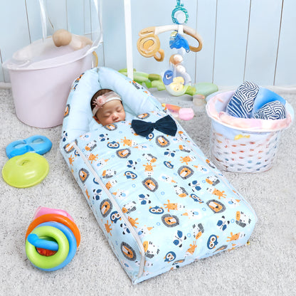 Polka Tots Baby Sleeping Nest Cotton Carry Pod Bedding for Newborn Sleeping Bag with a Bow - Lion print Blue