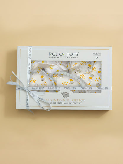 Polka Tots Newborn Pack of 5 100% Soft Double-Layer Muslin Cotton Essentials Gift Box – Jumbo Jr. Print