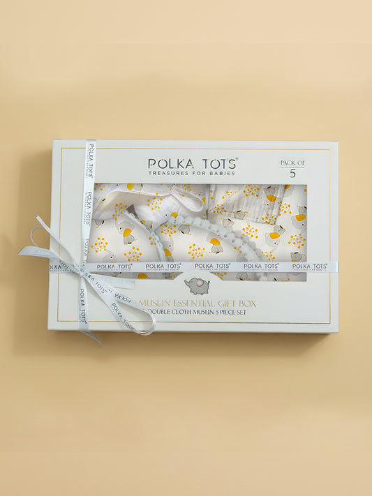 Polka Tots Newborn Pack of 5 100% Soft Double-Layer Muslin Cotton Essentials Gift Box – Jumbo Jr. Print