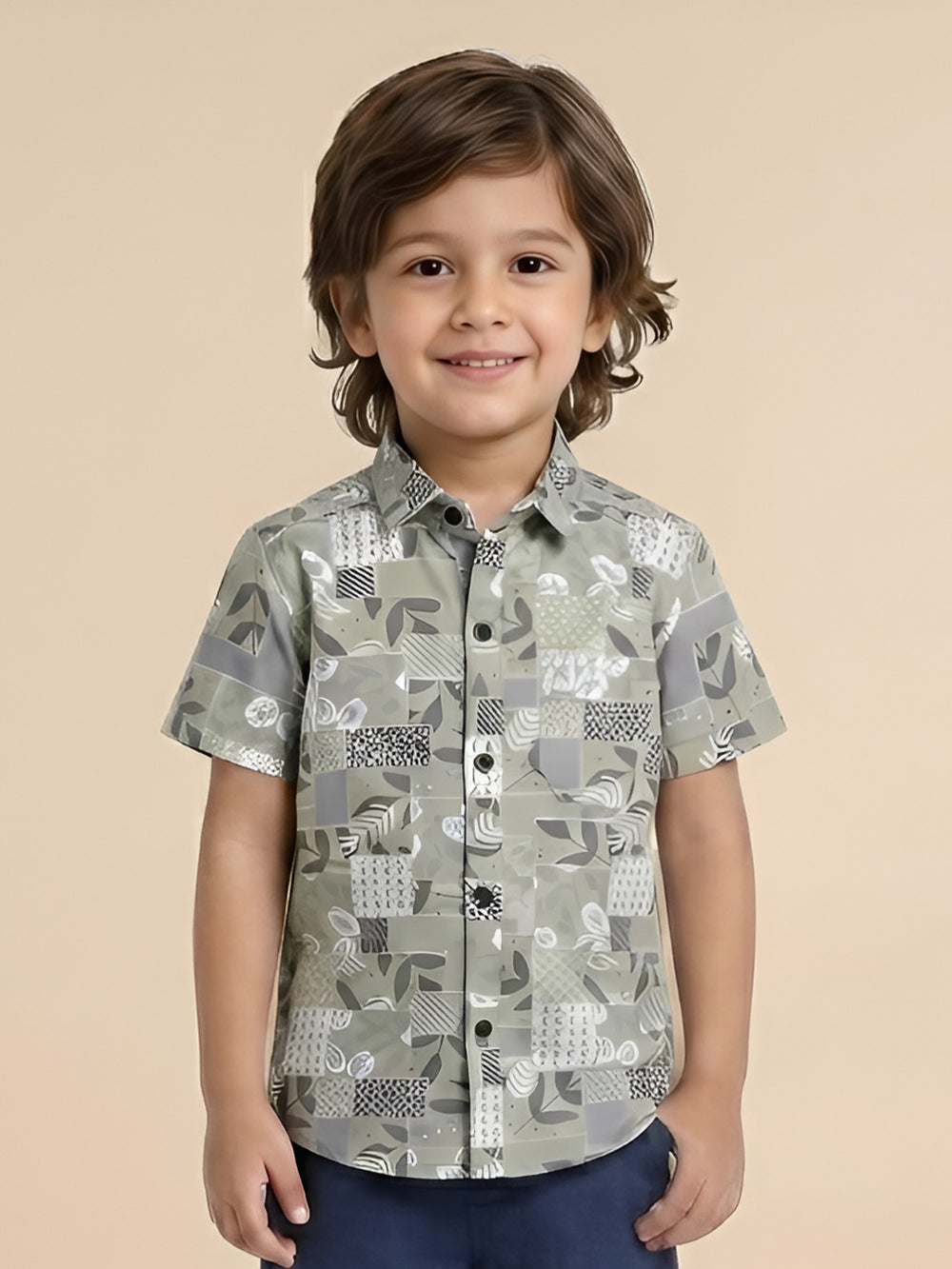 Polka Tots Cotton Regular Fit Half Sleeve Leaf Printed Shirt - Pista Green