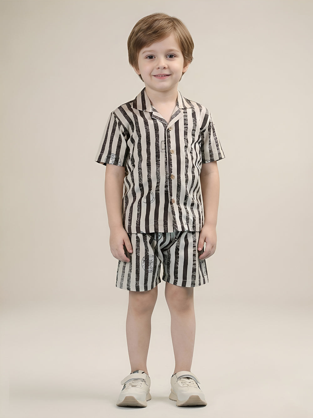Polka Tots Half Sleeves Lining print Co-ords - Brown