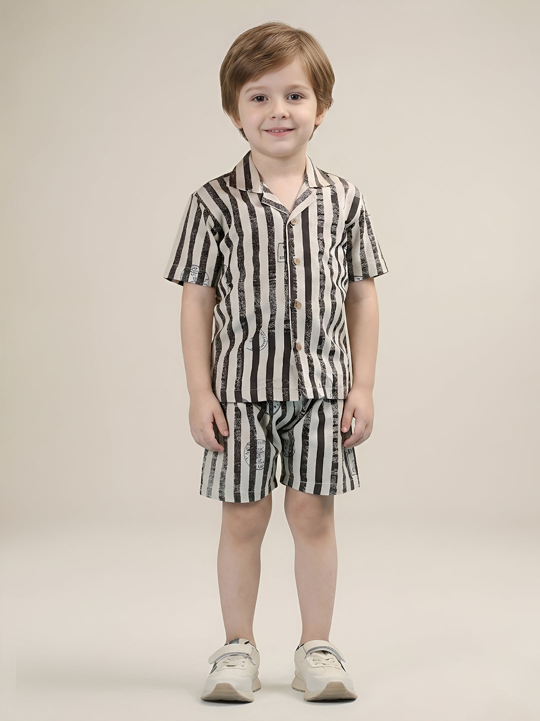 Polka Tots Half Sleeves Lining print Co-ords - Brown
