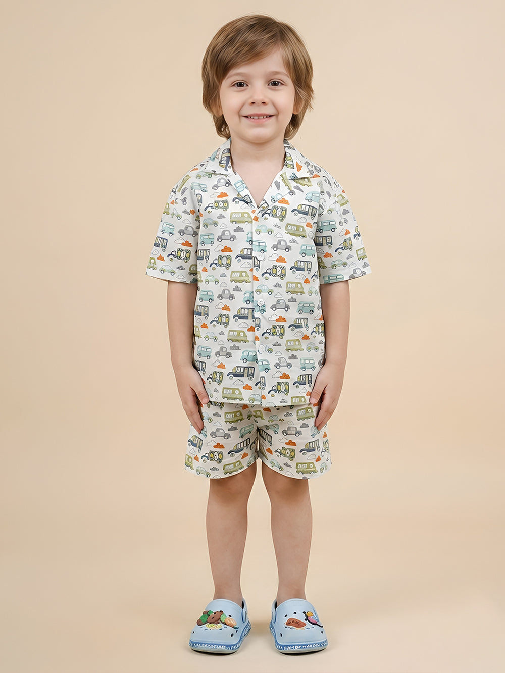 Polka Tots Half Sleeves Vehicle print Co-ord set - White