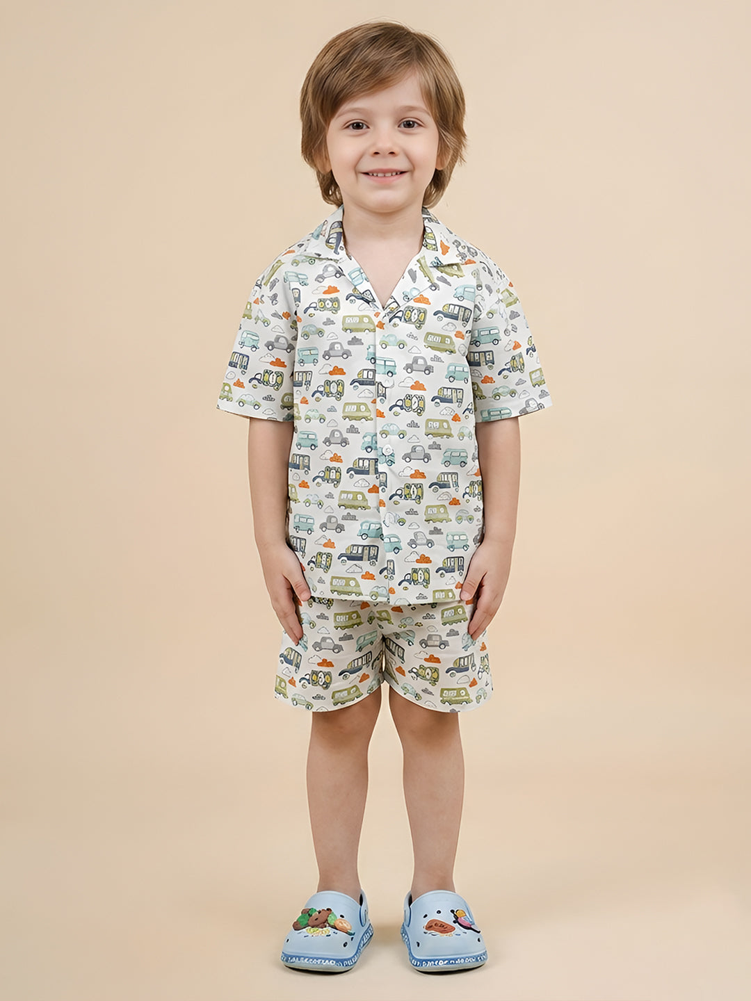 Polka Tots Half Sleeves Vehicle print Co-ord set - White
