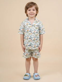 Polka Tots Half Sleeves Vehicle print Co-ord set - White