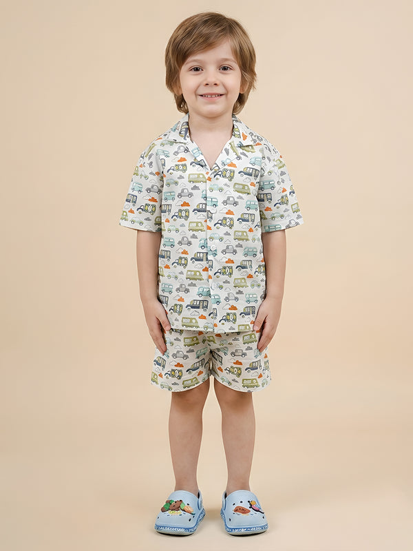 Polka Tots Half Sleeves Vehicle print Co-ord set - White