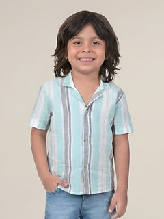 Polka Tots Half Sleeves Stripes Shirt - Aqua Blue and Grey