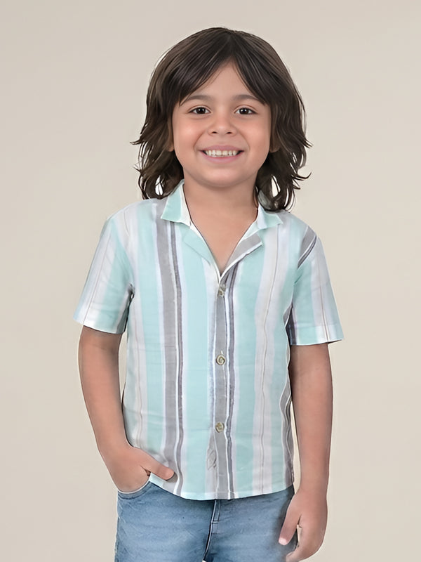 Polka Tots Half Sleeves Stripes Shirt - Aqua Blue and Grey