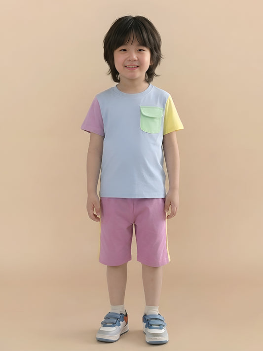 Polka Tots Half Sleeves Colorblock T-Shirt Shorts - Multicolor