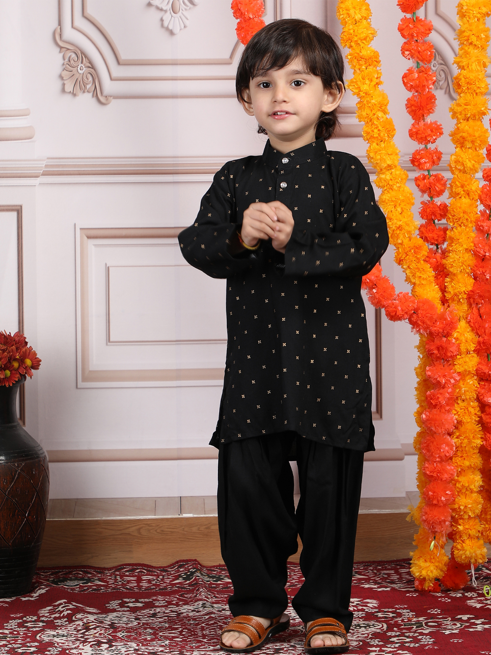 Polka Tots Full Sleeve Ethnic Motif Kurta Pyjama Set - Black