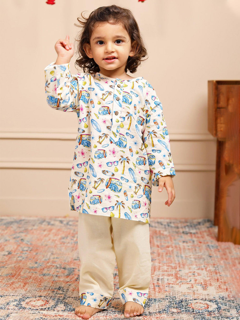 Polka Tots Car Print Full Sleeves Nightwear Kurta pyjama set - Cream
