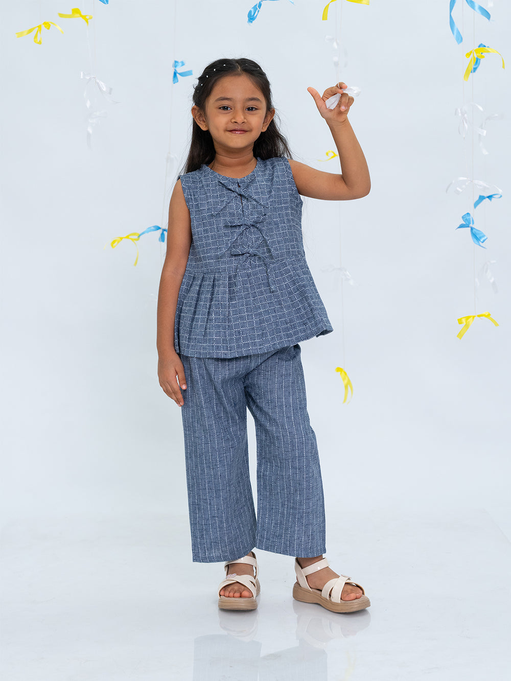 Polka Tots Sleeveless  Statement Bow Girls top & Bottom Set- Blue