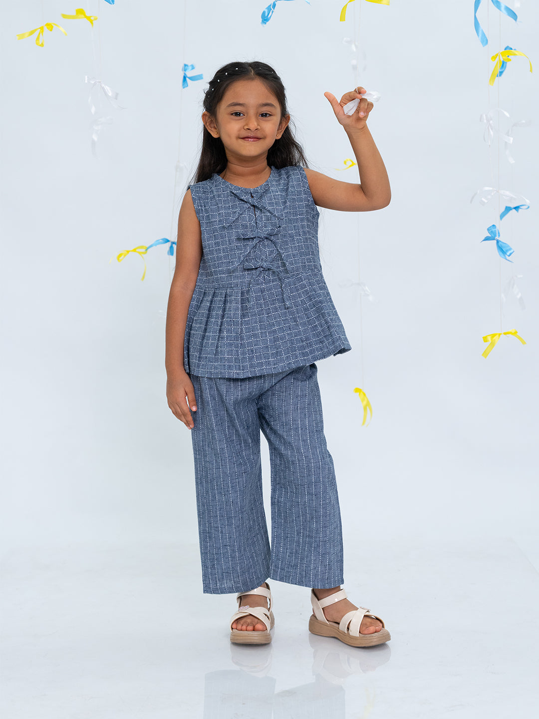 Polka Tots Sleeveless  Statement Bow Girls top & Bottom Set- Blue
