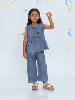 Polka Tots Sleeveless  Statement Bow Girls top & Bottom Set- Blue