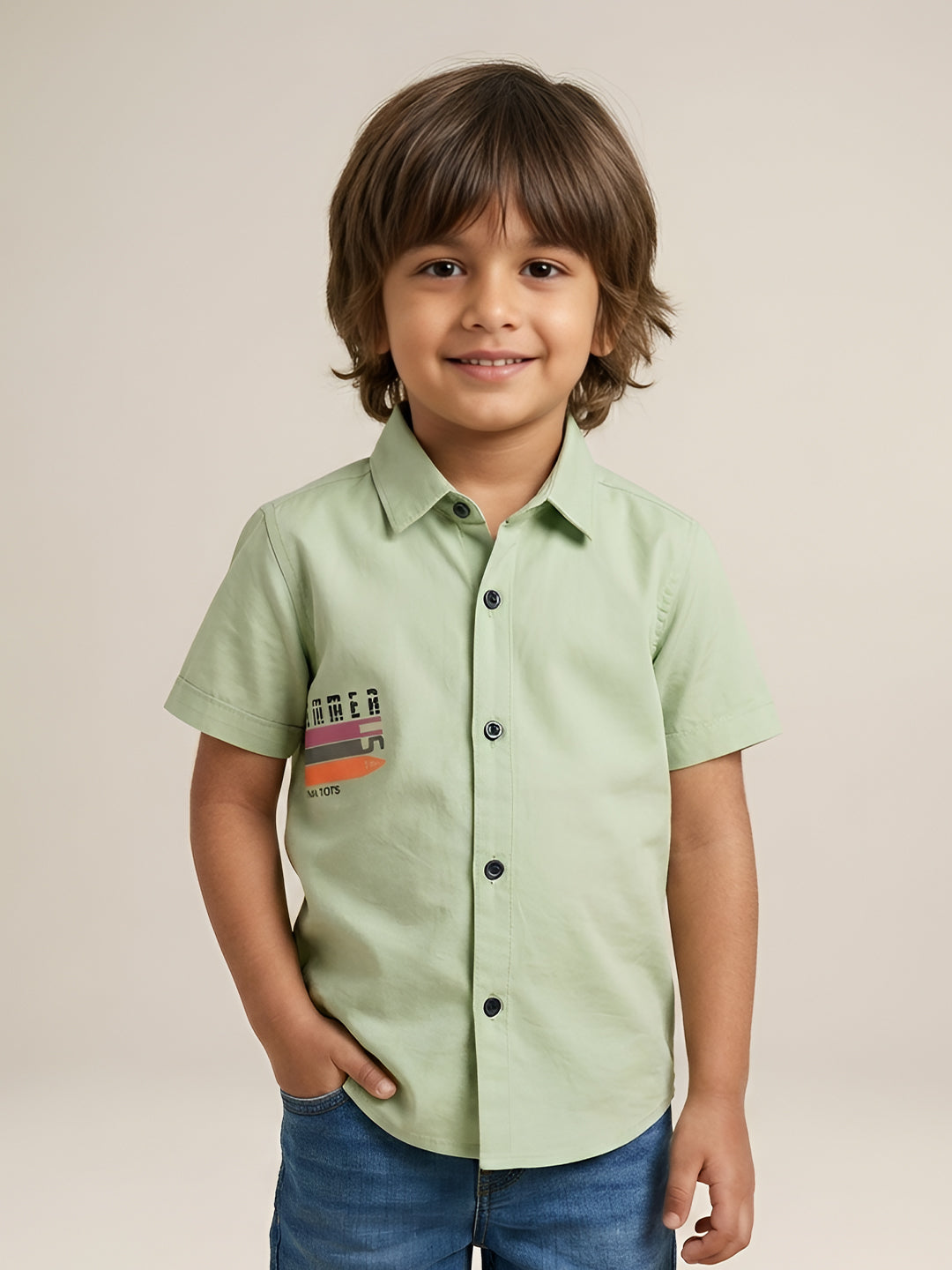 Polka Tots Cotton Regular Fit Half Sleeve Summer USA Metallic Print Shirt - Pista Green