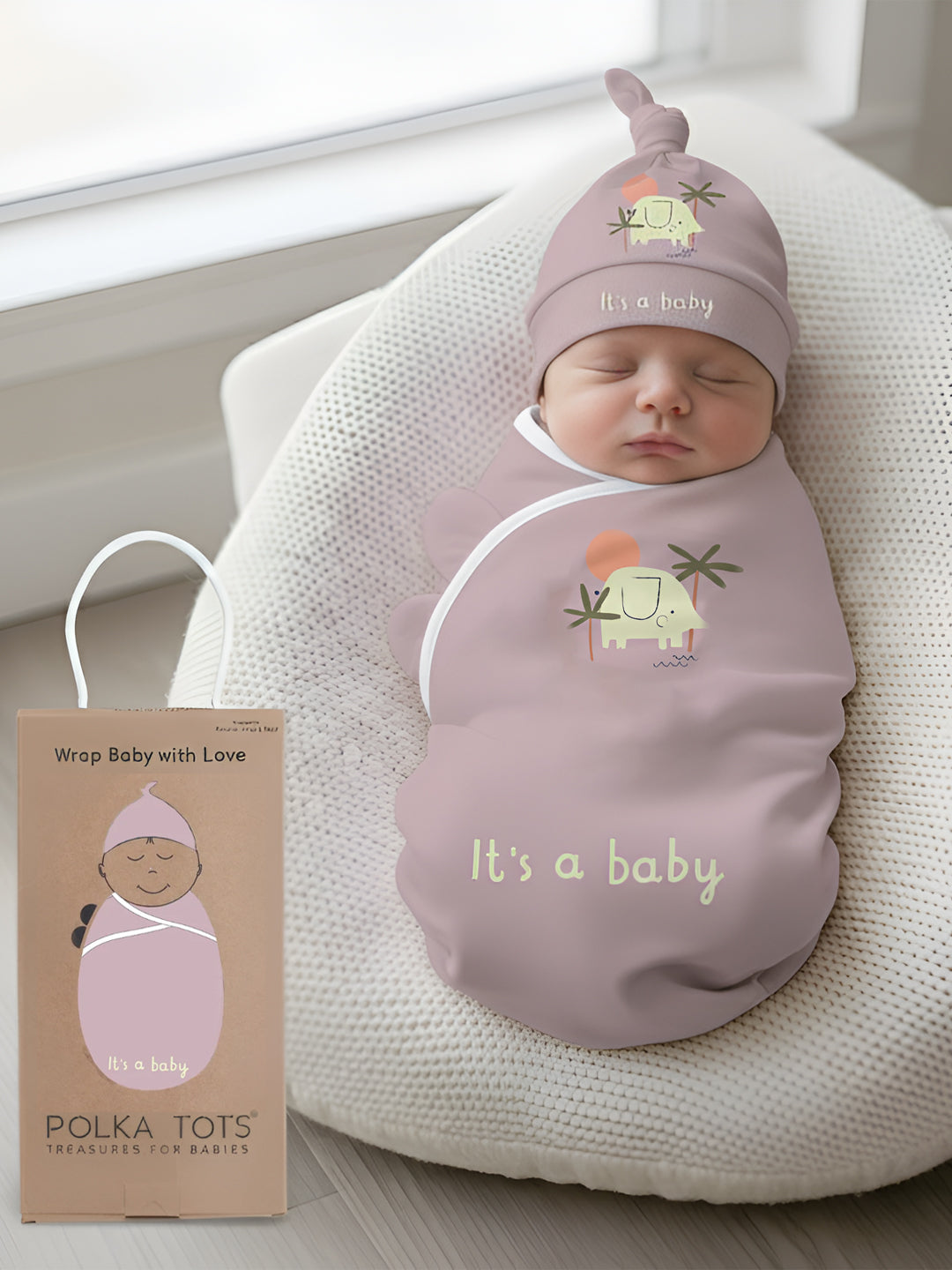 Polka Tots Cute Elephant print swaddle wrap with Cap - Lavender