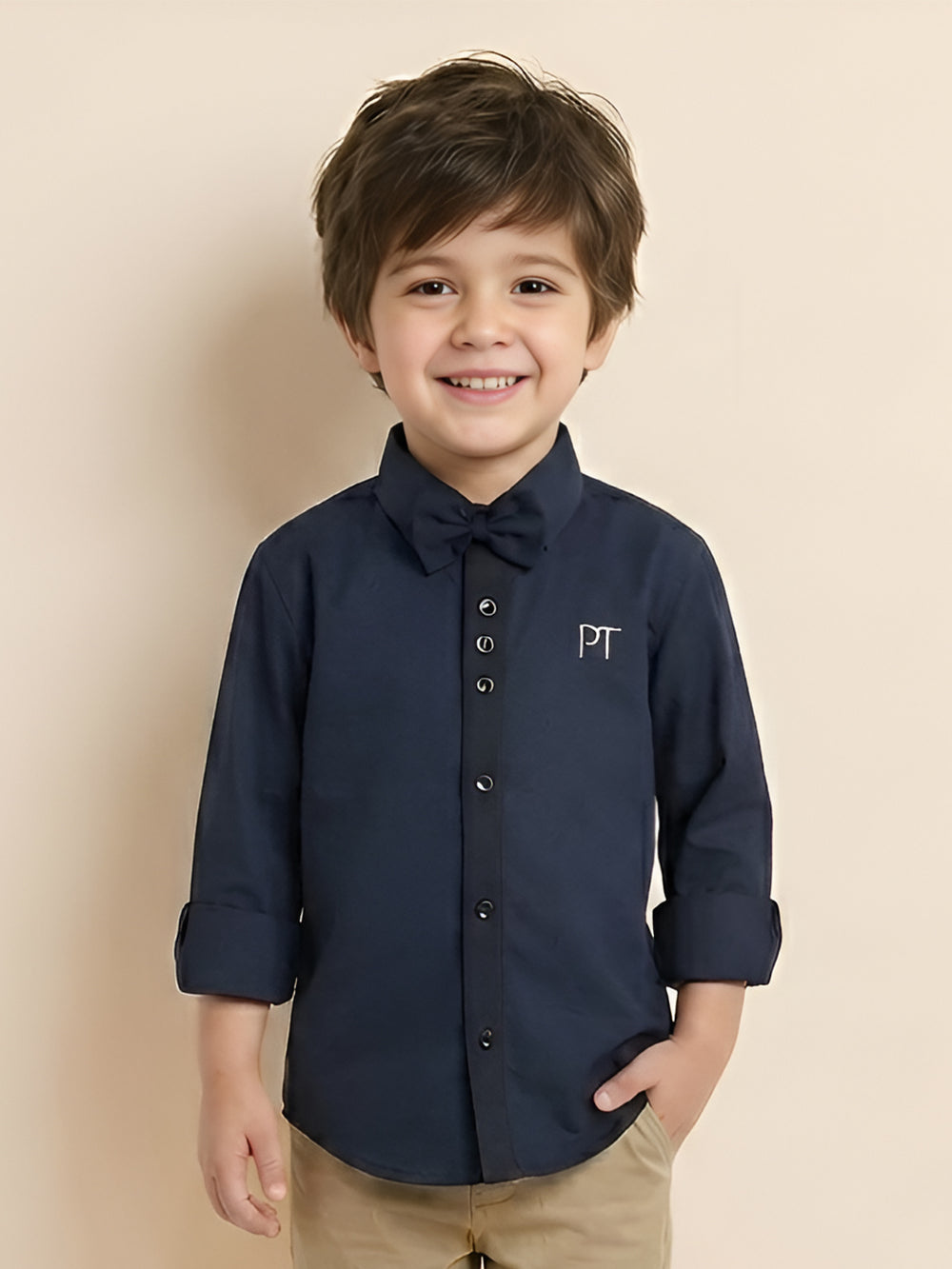 Polka Tots Full Sleeve Party Wear Reverse Collar Placket With Bow Tie Shirt - Dark Blue