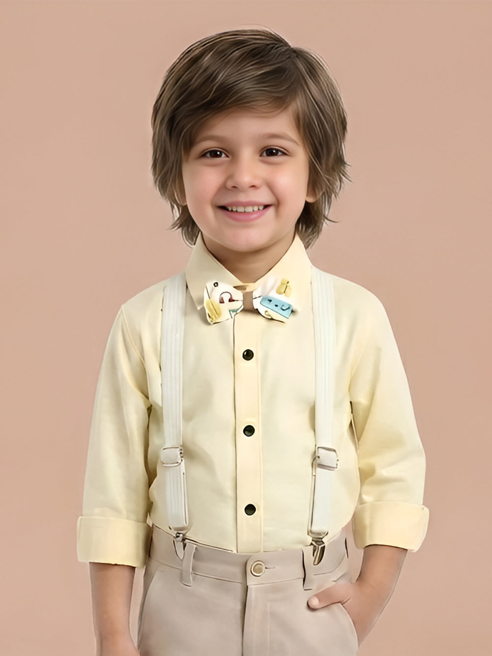 Polka Tots plain party shirt with wood bow tie and stripe suspender - Yellow