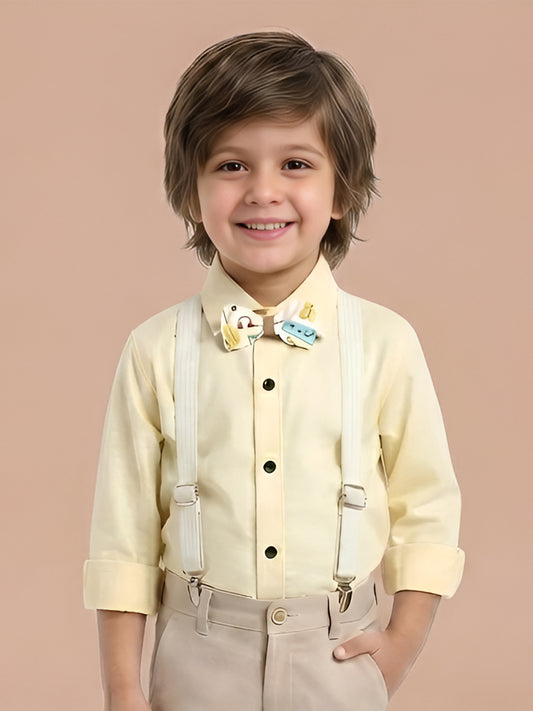 Polka Tots plain party shirt with wood bow tie and stripe suspender - Yellow