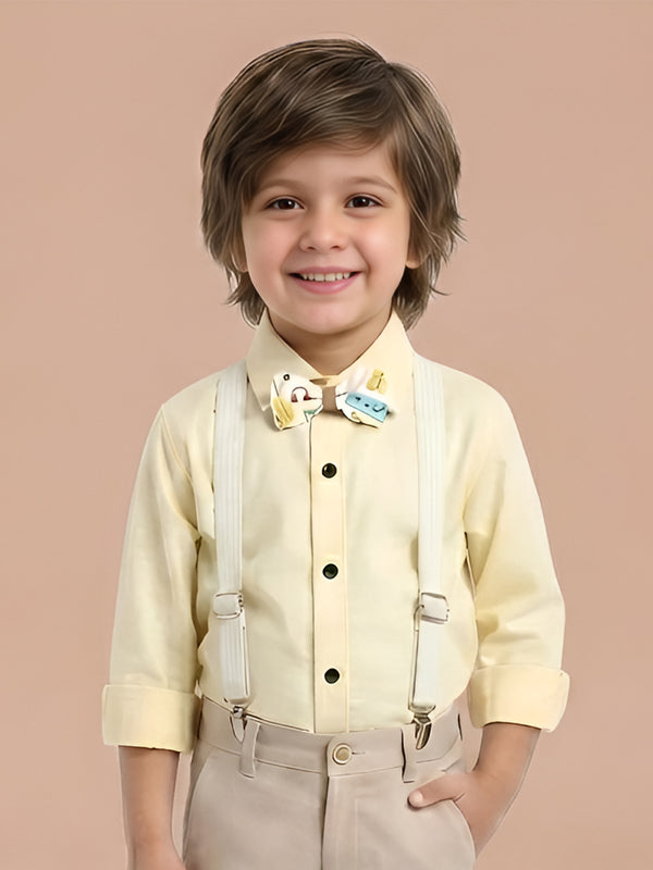 Polka Tots plain party shirt with wood bow tie and stripe suspender - Yellow