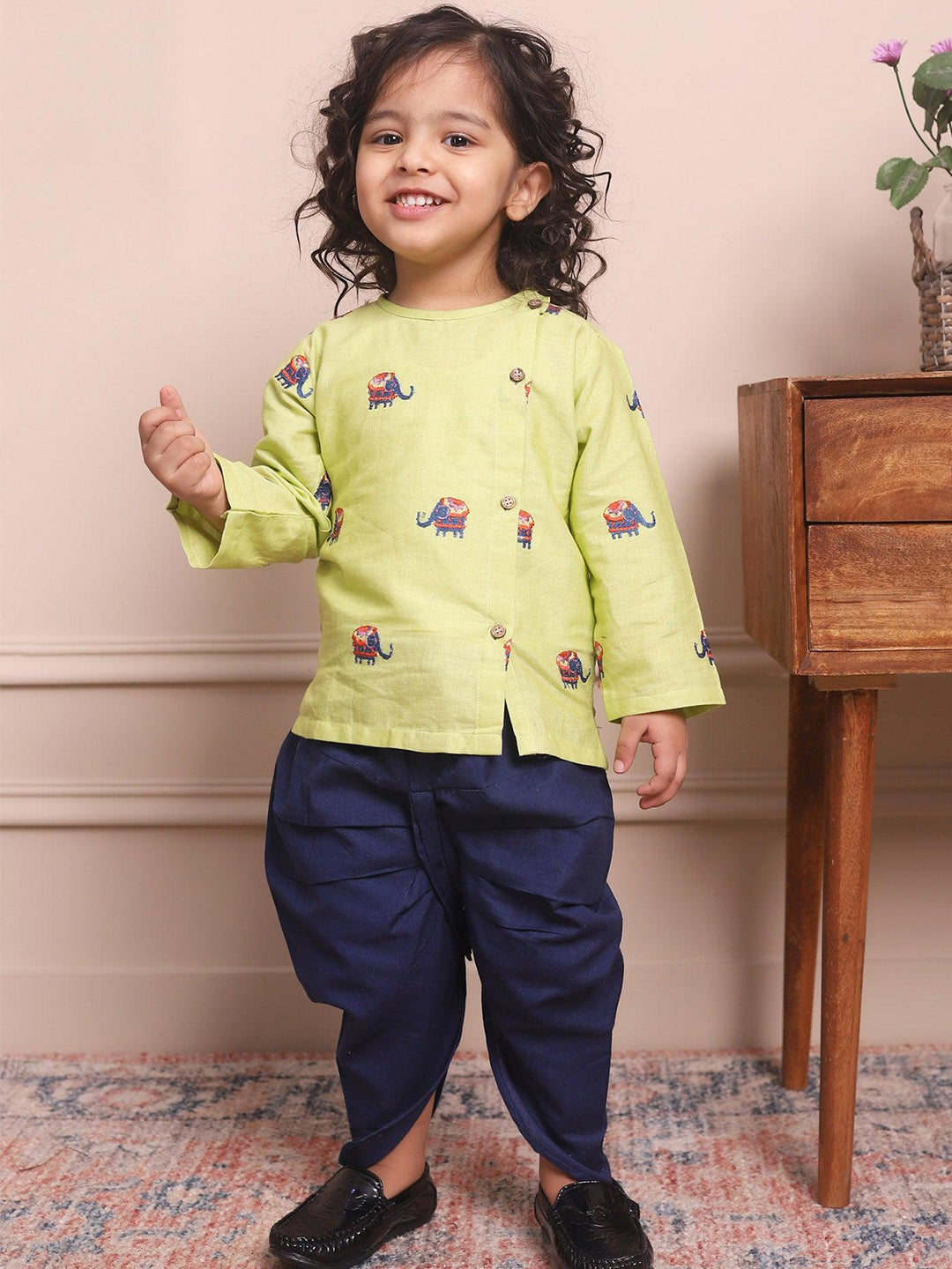 Polka Tots Full Sleeve Elephant Embroidery Angrakha Top With Dhoti - Green