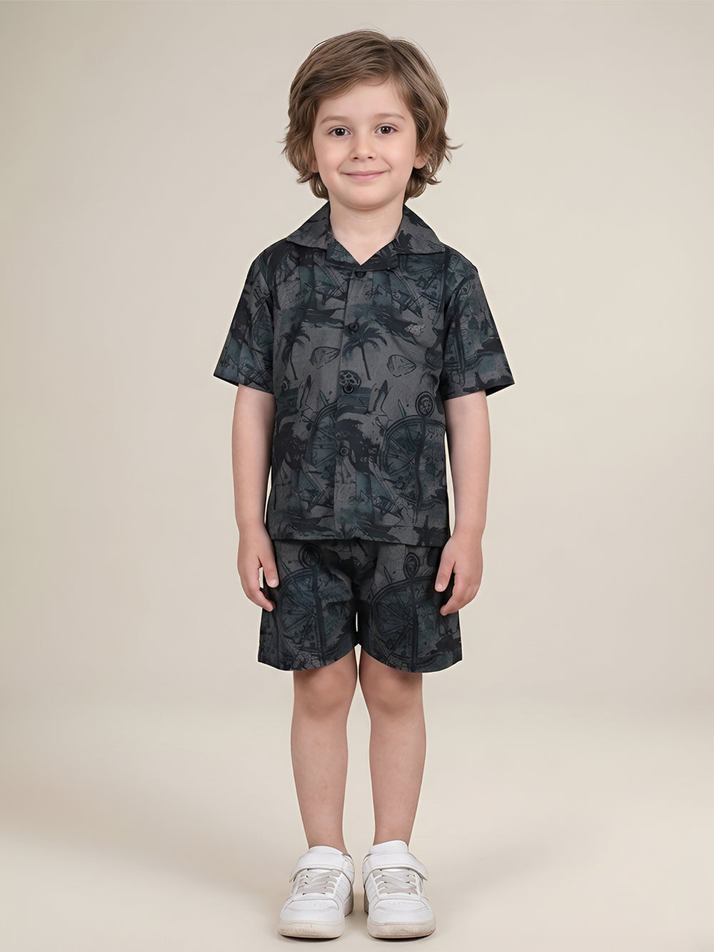 Polka Tots Half Sleeves Tropical print co-ord set - Black