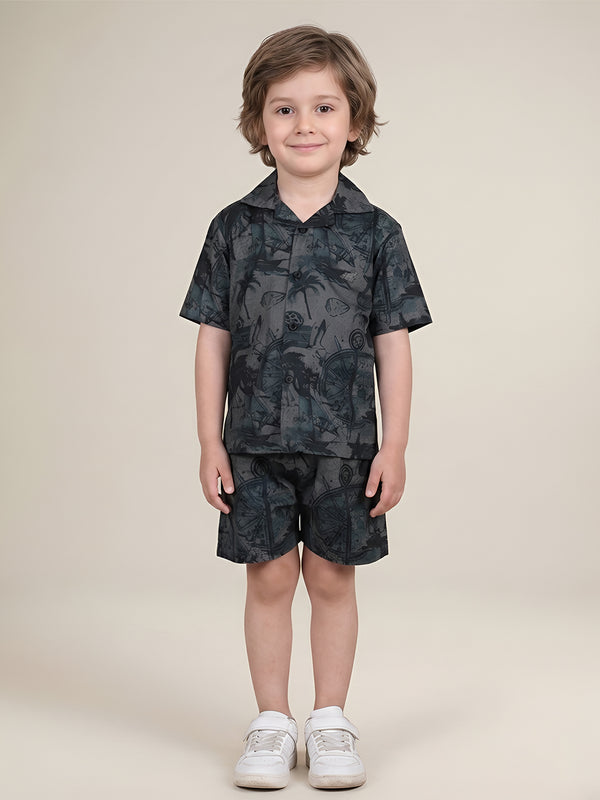 Polka Tots Half Sleeves Tropical print co-ord set - Black