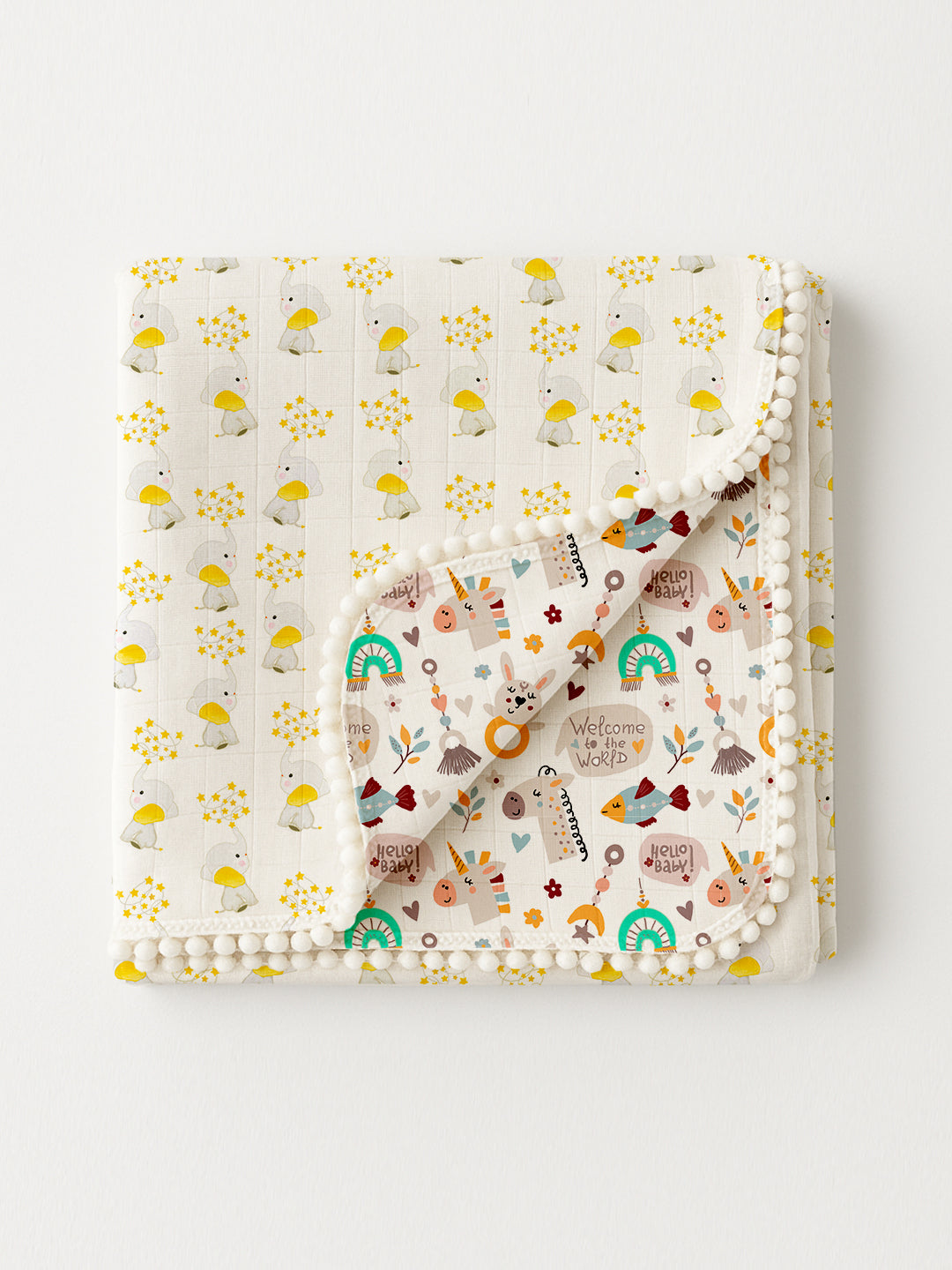 Polka Tots 100% Soft Muslin Cotton 3-Layer Reversible Baby Blanket/Dohar with Pom-Pom Lace - Jumbo Jr. & Hello Baby Print