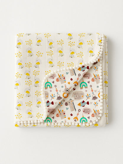 Polka Tots 100% Soft Muslin Cotton 3-Layer Reversible Baby Blanket/Dohar with Pom-Pom Lace - Jumbo Jr. & Hello Baby Print