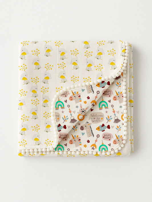 Polka Tots 100% Soft Muslin Cotton 3-Layer Reversible Baby Blanket/Dohar with Pom-Pom Lace - Jumbo Jr. & Hello Baby Print
