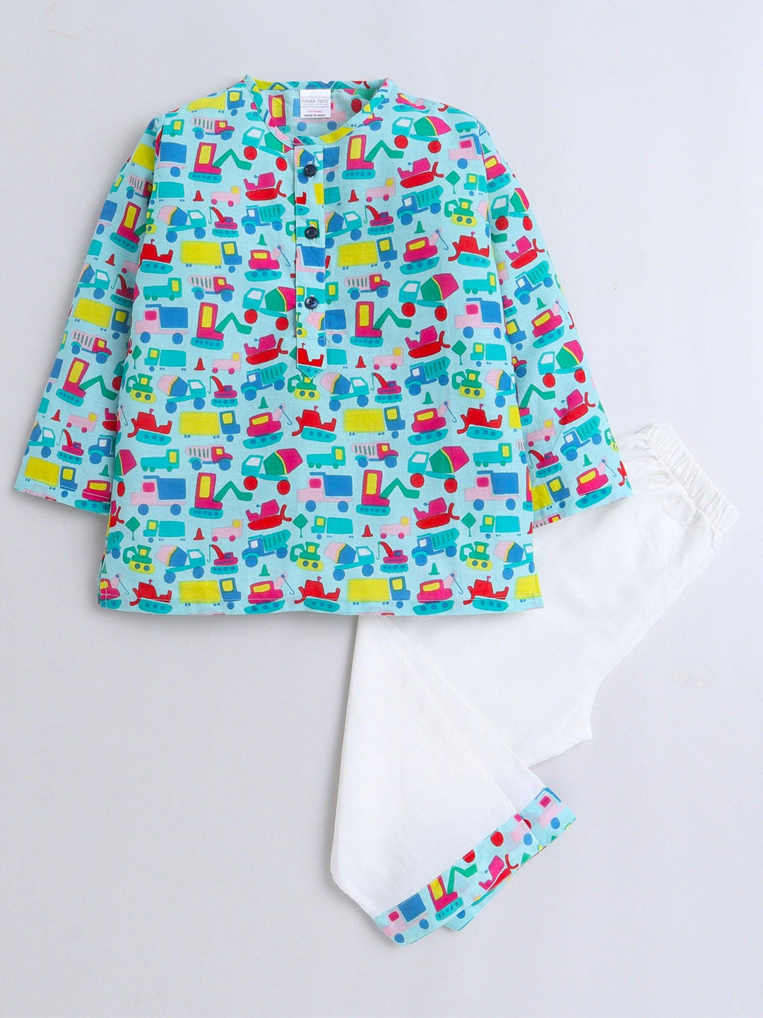 Polka Tots Truck print Full sleeves Nightwear Kurta pyjama set -Green