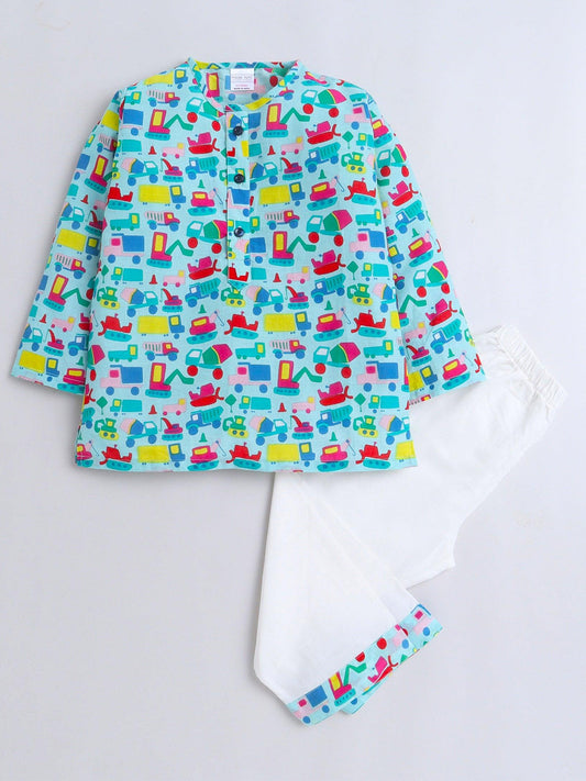 Polka Tots Truck print Full sleeves Nightwear Kurta pyjama set -Green