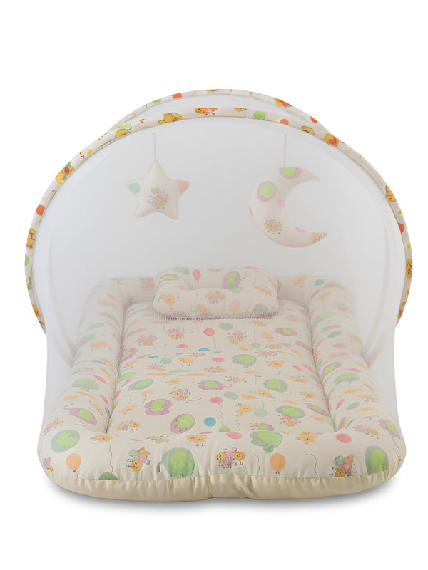 Polka Tots Cotton Baby Bedding Mosquito Net Set with Dangling Toys - Balloon Print Yellow
