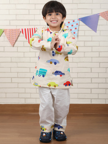 Polka Tots Vehicles print Full sleeves Nightwear Kurta pyjama set - Yellow