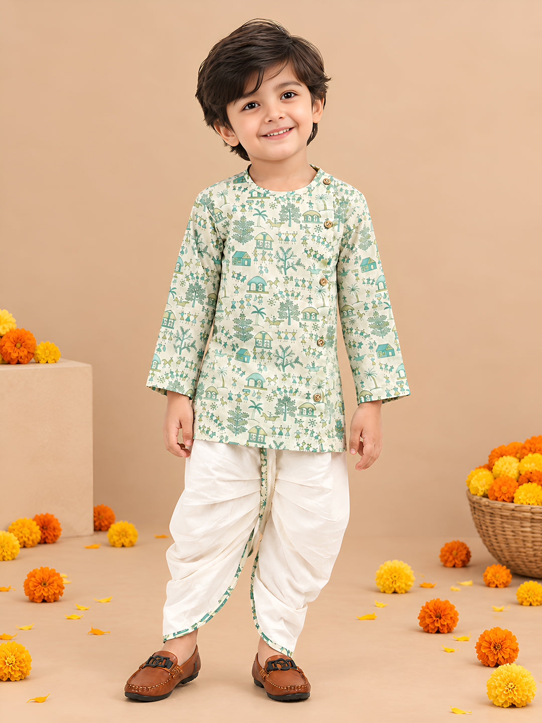 Polka Tots Cotton Full Sleeve Village Print Angrakha Top With Dhoti - Cream