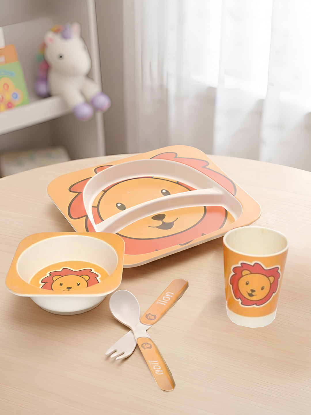 Eco Friendly 5 Pieces Bamboo Fiber Kids Dinner Set (Lion)