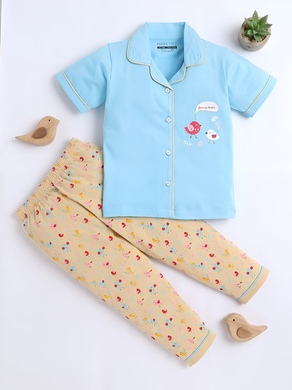 Polka Tots Half sleeves Little Birdy Print Night Suit - Blue