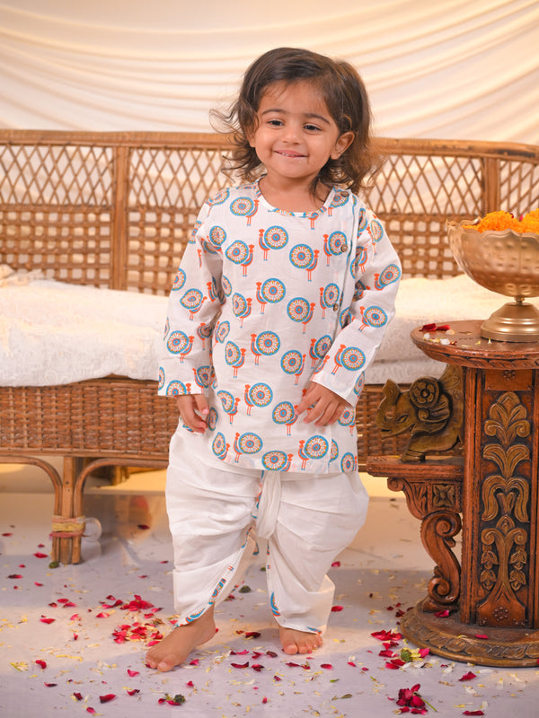 Polka Tots  Peacock Print Angrakha Top With Dhoti - Multicolour