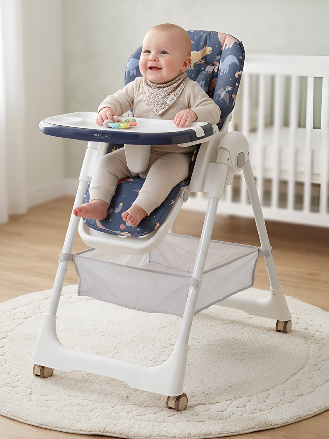 Polka Tots Twist n’ Taste 3 in 1 Convertible Dino Design High Chair - (Blue)
