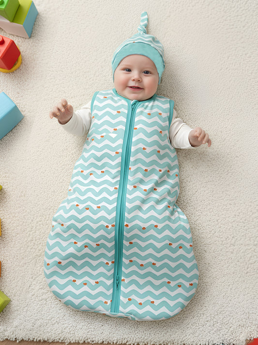 Polka Tots 100% Soft Cotton Wave Print Sleeping Bag with Cap - Blue