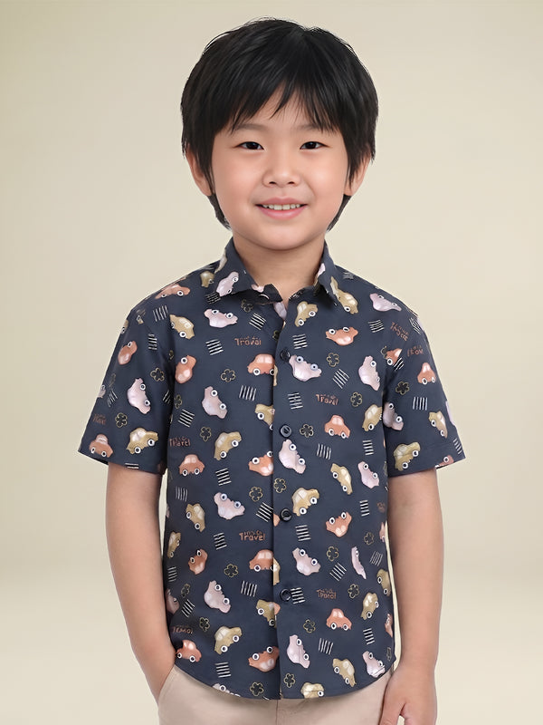 Polka Tots Half Sleeves Lets Go Travel print Shirt - Navy