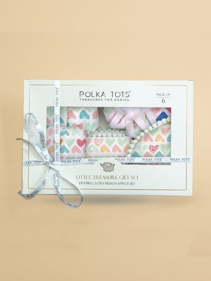 Polka Tots Newborn Pack of 6 100% Soft Double-Layer Muslin Cotton Essentials Gift Box - Mini Hearts Print