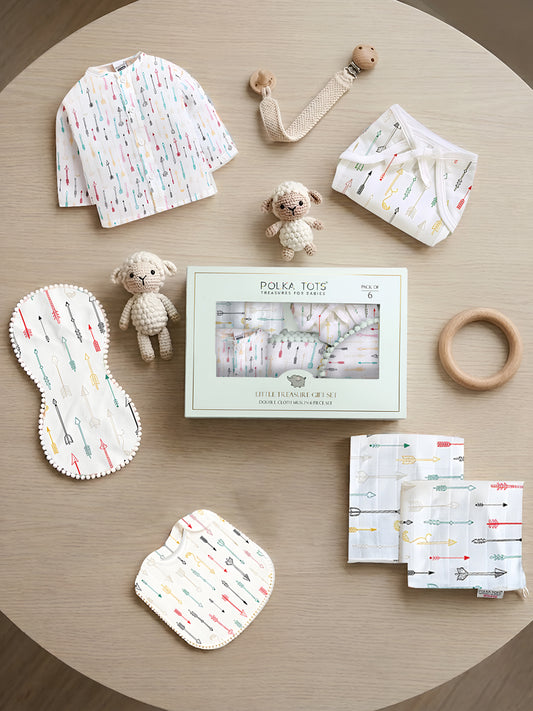 Polka Tots Newborn Pack of 6 100% Soft Double-Layer Muslin Cotton Essentials Gift Box – Cupid Print