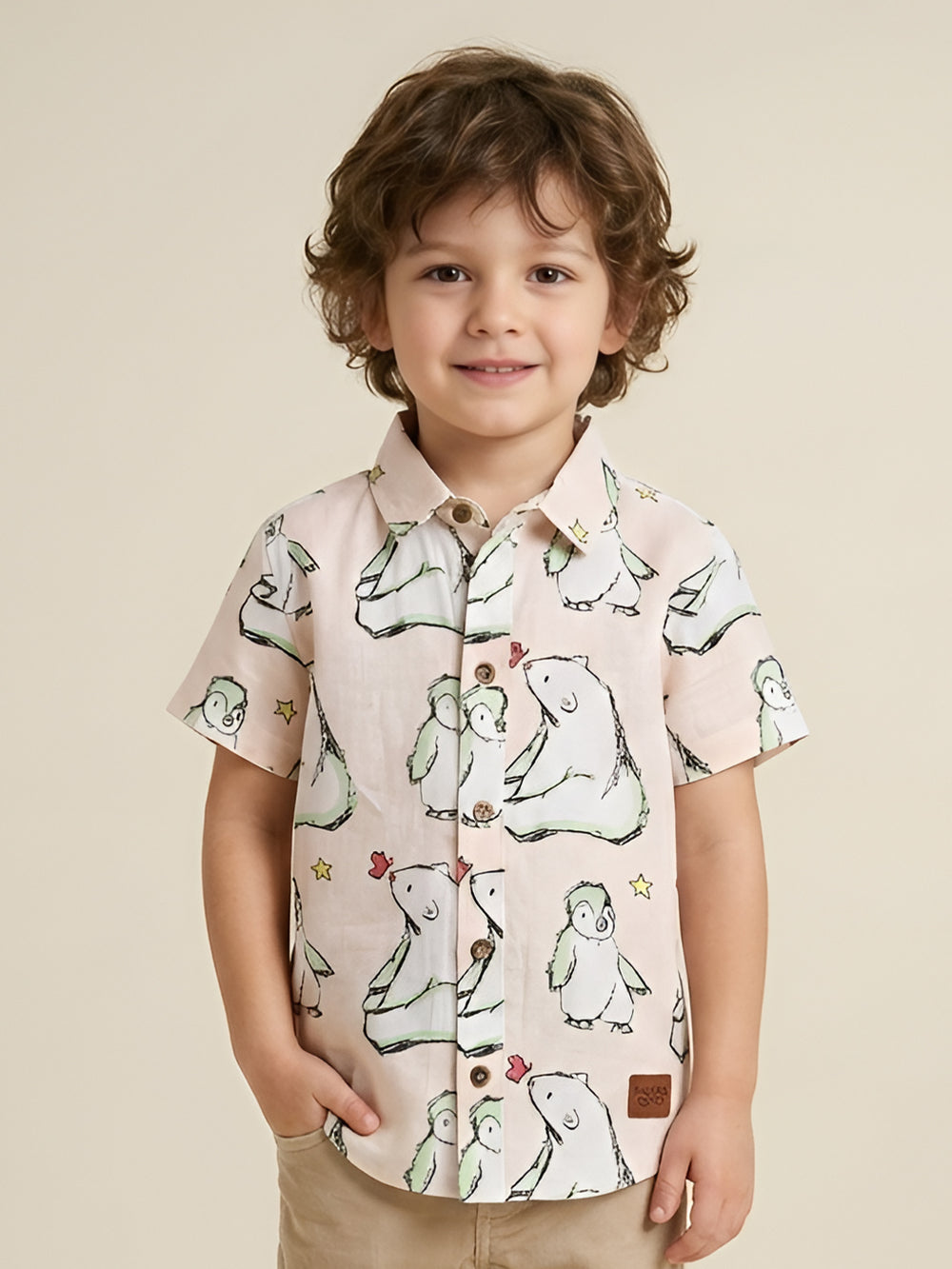 Polka Tots Half Sleeve Shirt Polar Bear and Penguin Print - Peach