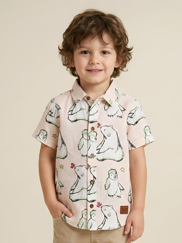 Polka Tots Half Sleeve Shirt Polar Bear and Penguin Print - Peach