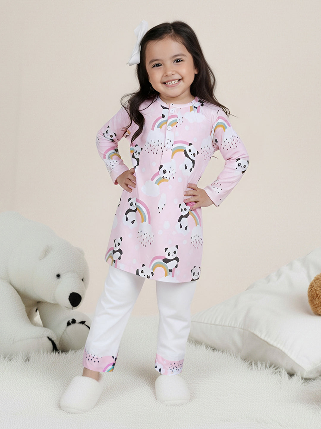 Polka Tots Panda Rainbow Print Full sleeves Nightwear Kurta pyjama set - Pink