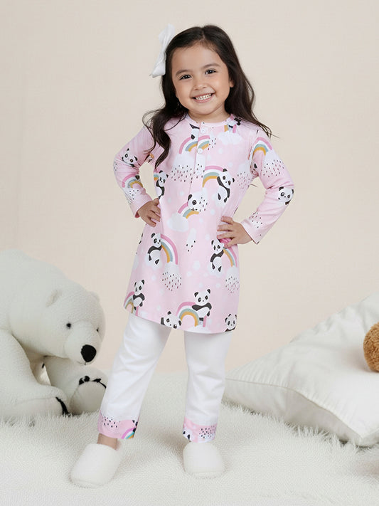 Polka Tots Panda Rainbow Print Full sleeves Nightwear Kurta pyjama set - Pink