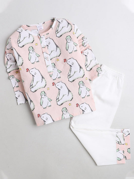 Polka Tots Bear print Full sleeves Nightwear Kurta pyjama set - White