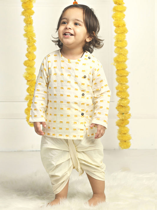 Polka Tots Dhoti Kurta Set for Boys 100% Super Soft Cotton Traditional Ethnic Wear For Kids Yellow Elephant - Cream