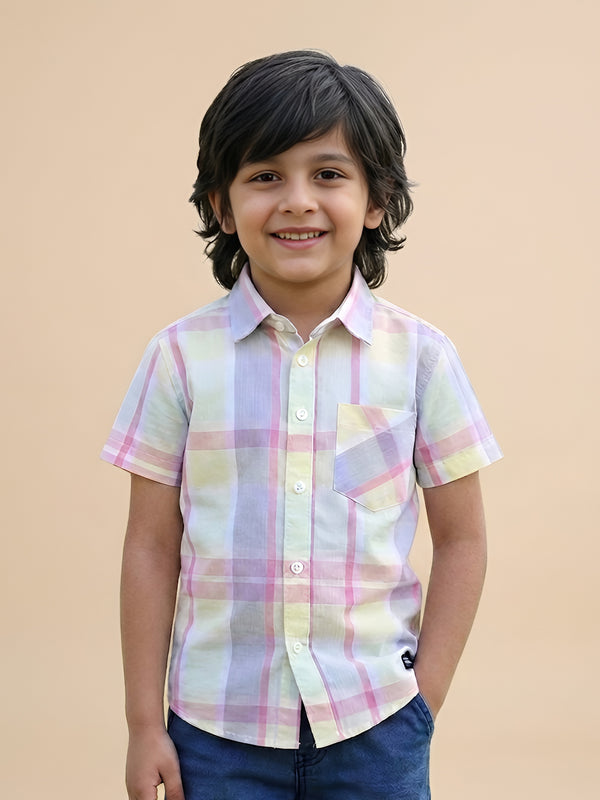 Polka Tots Half Sleeves Checks print Kids Shirt - Yellow
